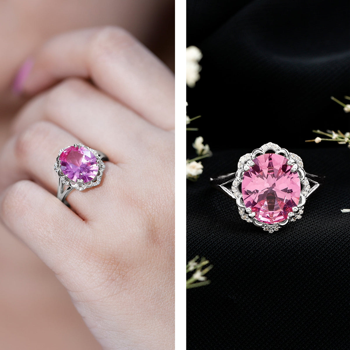 Oval Lab-Created Pink Sapphire & Diamond Statement Ring