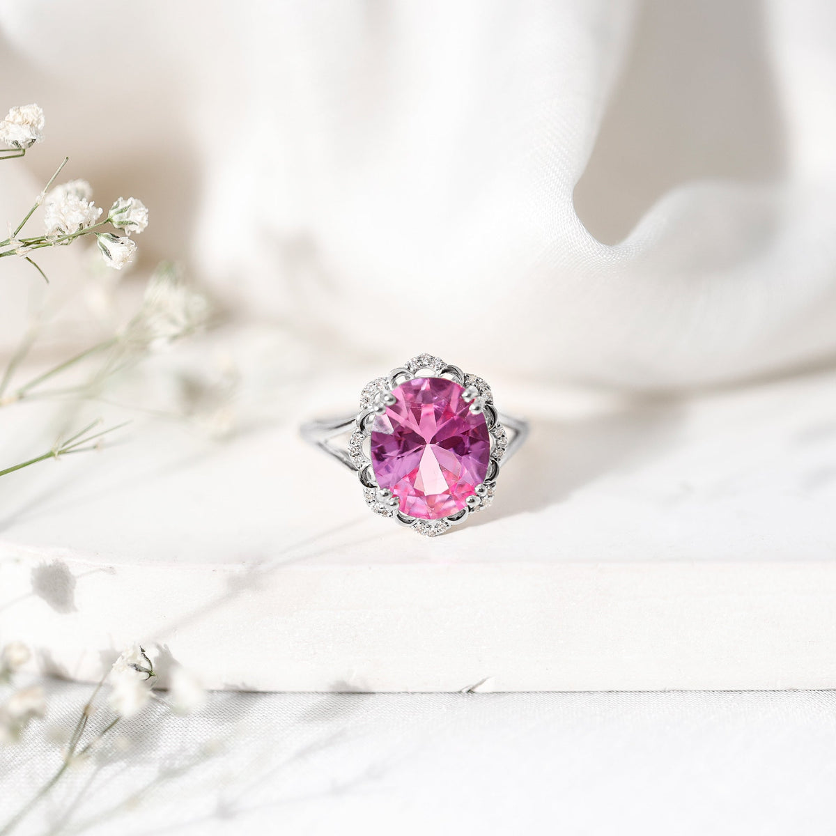 Oval Lab-Created Pink Sapphire & Diamond Statement Ring