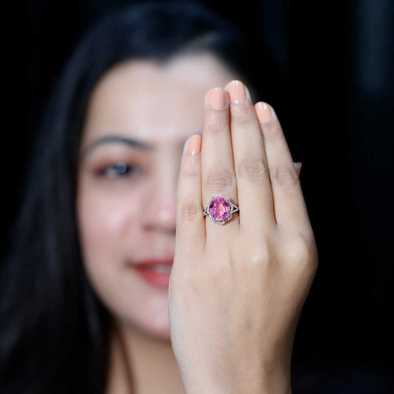 Oval Lab-Created Pink Sapphire & Diamond Statement Ring