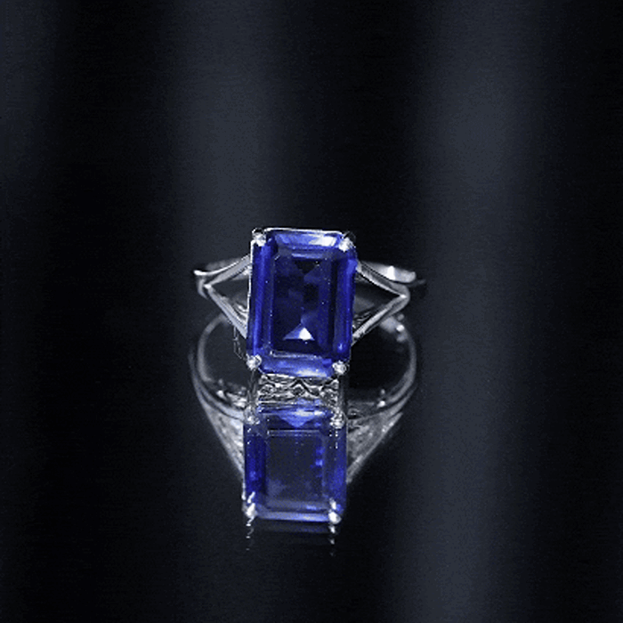 9 Carat Emerald-Cut Lab-Created Blue Sapphire Engagement Ring