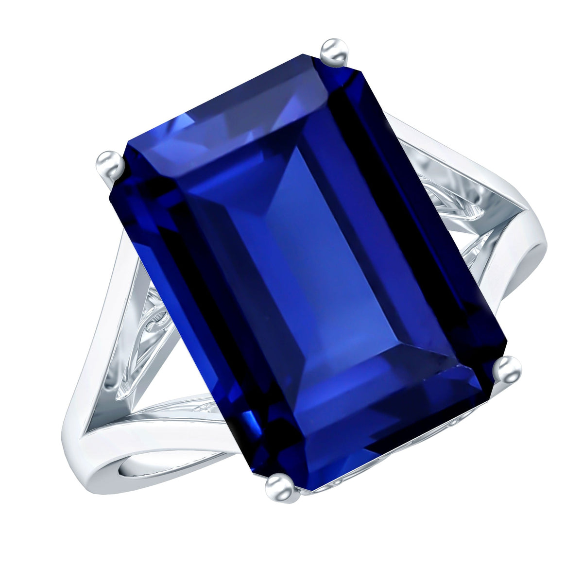 9 Carat Emerald-Cut Lab-Created Blue Sapphire Engagement Ring