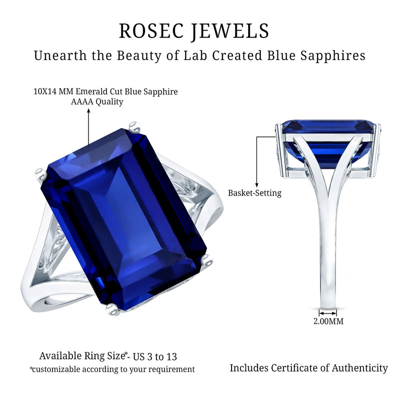 9 Carat Emerald-Cut Lab-Created Blue Sapphire Engagement Ring