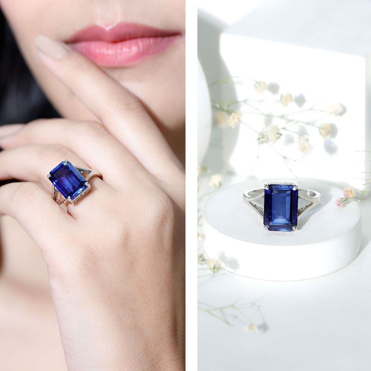 9 Carat Emerald-Cut Lab-Created Blue Sapphire Engagement Ring