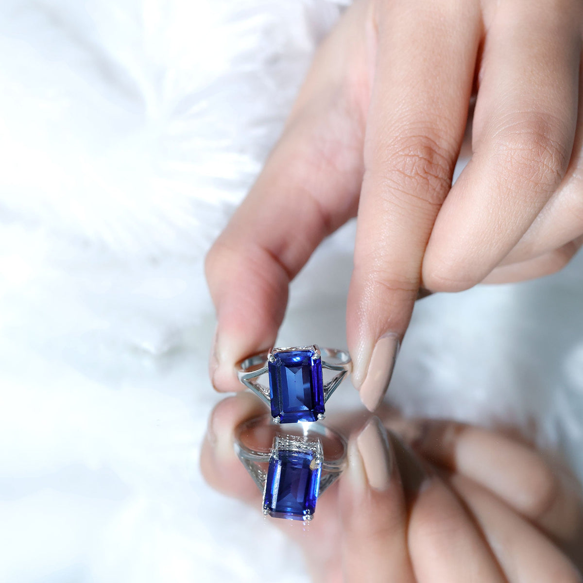 9 Carat Emerald-Cut Lab-Created Blue Sapphire Engagement Ring