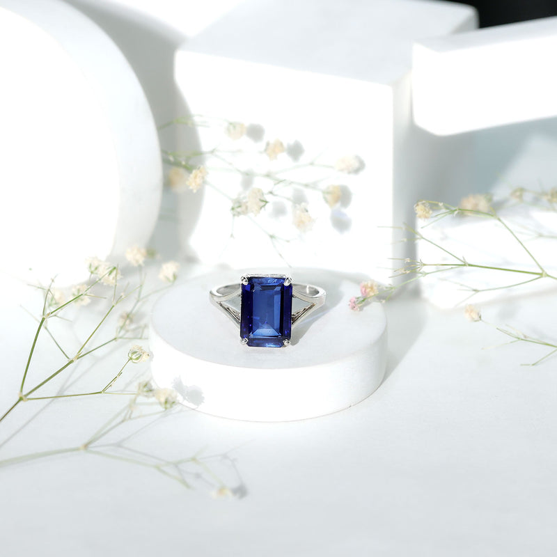 9 Carat Emerald-Cut Lab-Created Blue Sapphire Engagement Ring