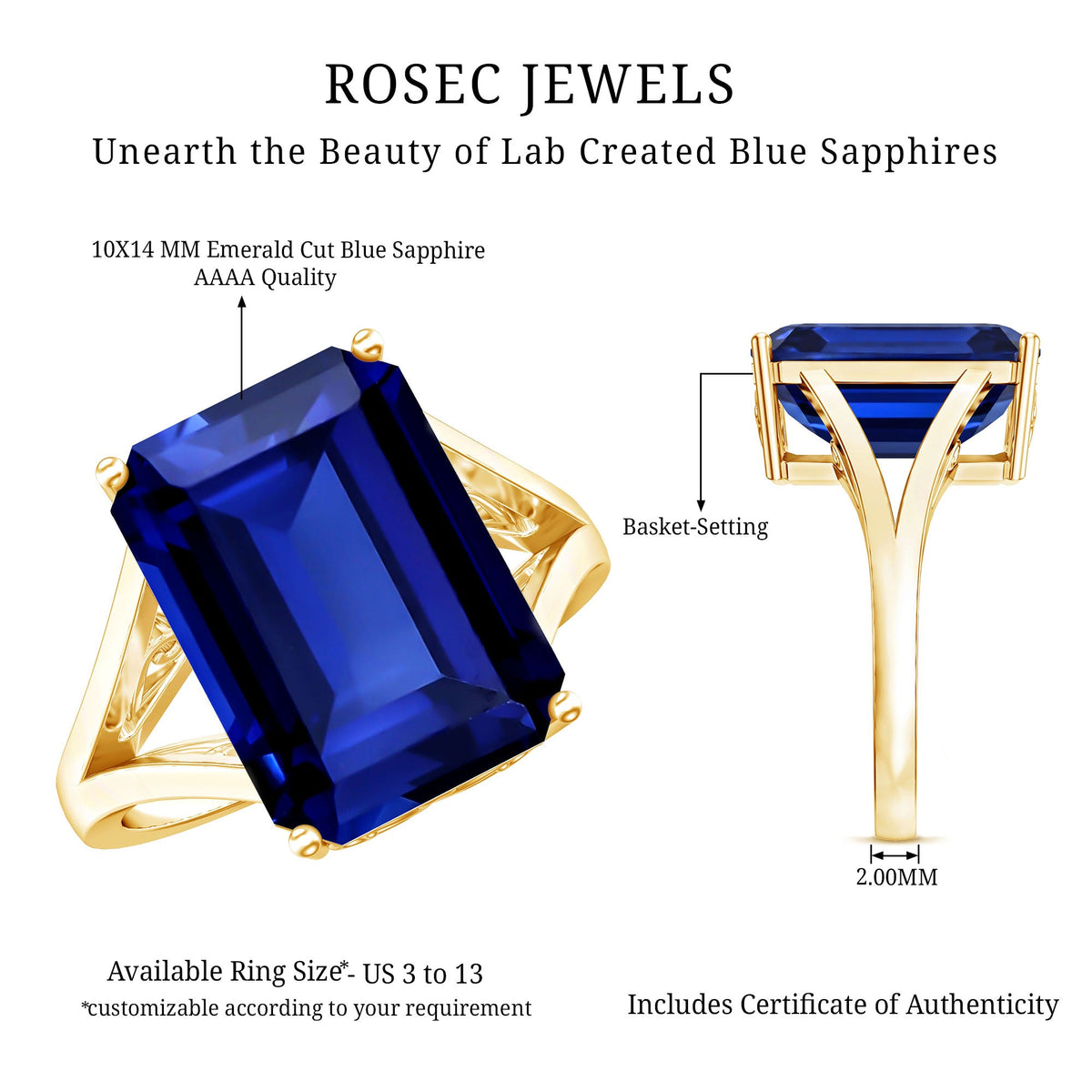 9 Carat Emerald-Cut Lab-Created Blue Sapphire Engagement Ring