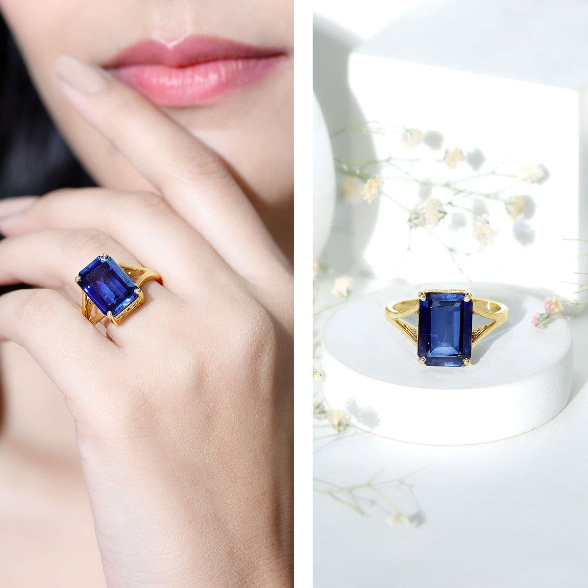9 Carat Emerald-Cut Lab-Created Blue Sapphire Engagement Ring