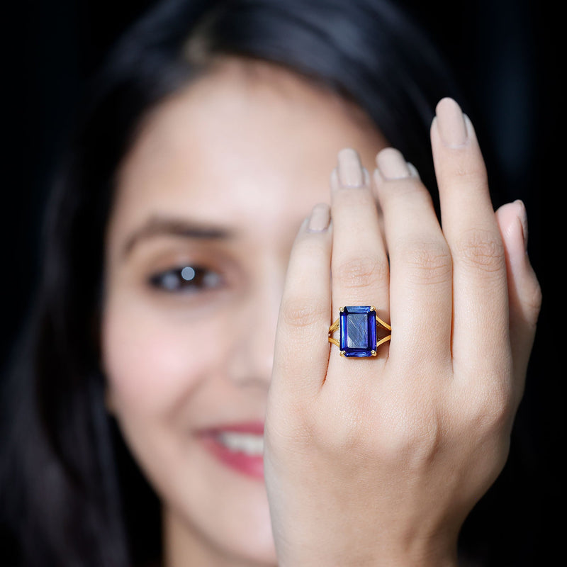 9 Carat Emerald-Cut Lab-Created Blue Sapphire Engagement Ring