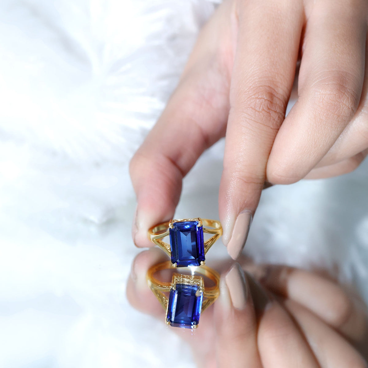9 Carat Emerald-Cut Lab-Created Blue Sapphire Engagement Ring