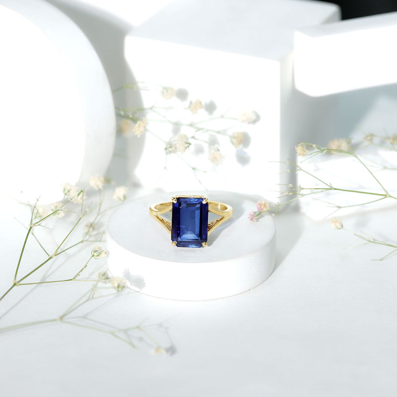 9 Carat Emerald-Cut Lab-Created Blue Sapphire Engagement Ring