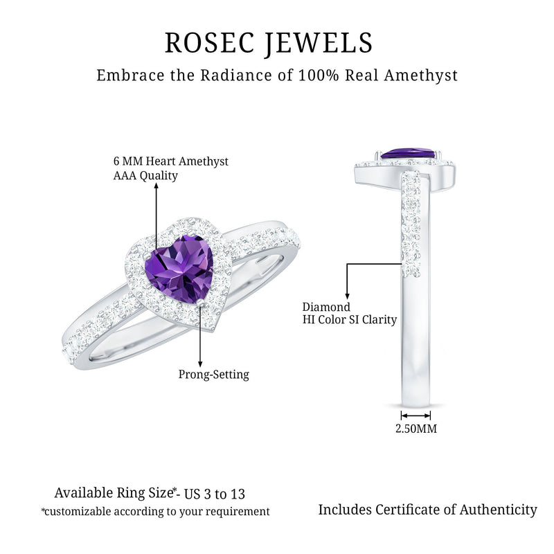 Heart Amethyst & Diamond Halo Ring