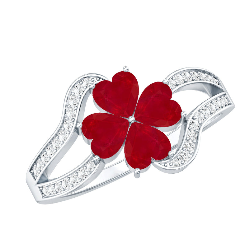 Ruby Flower Heart & Diamond Split Shank Ring