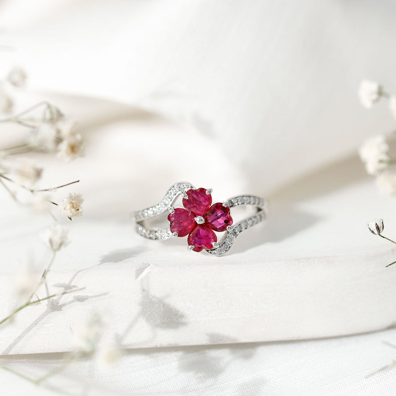 Ruby Flower Heart & Diamond Split Shank Ring