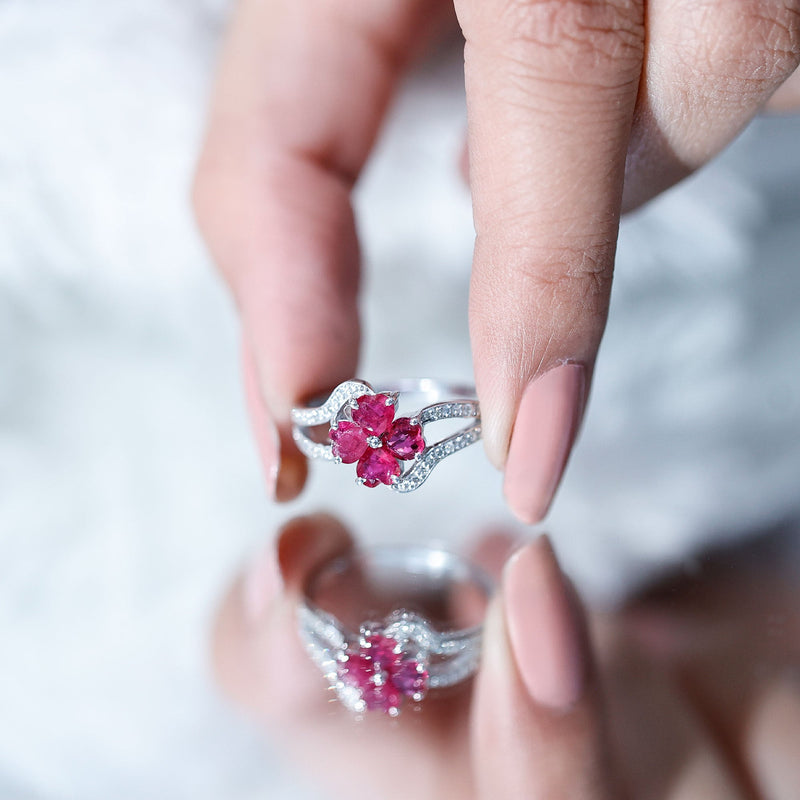 Ruby Flower Heart & Diamond Split Shank Ring