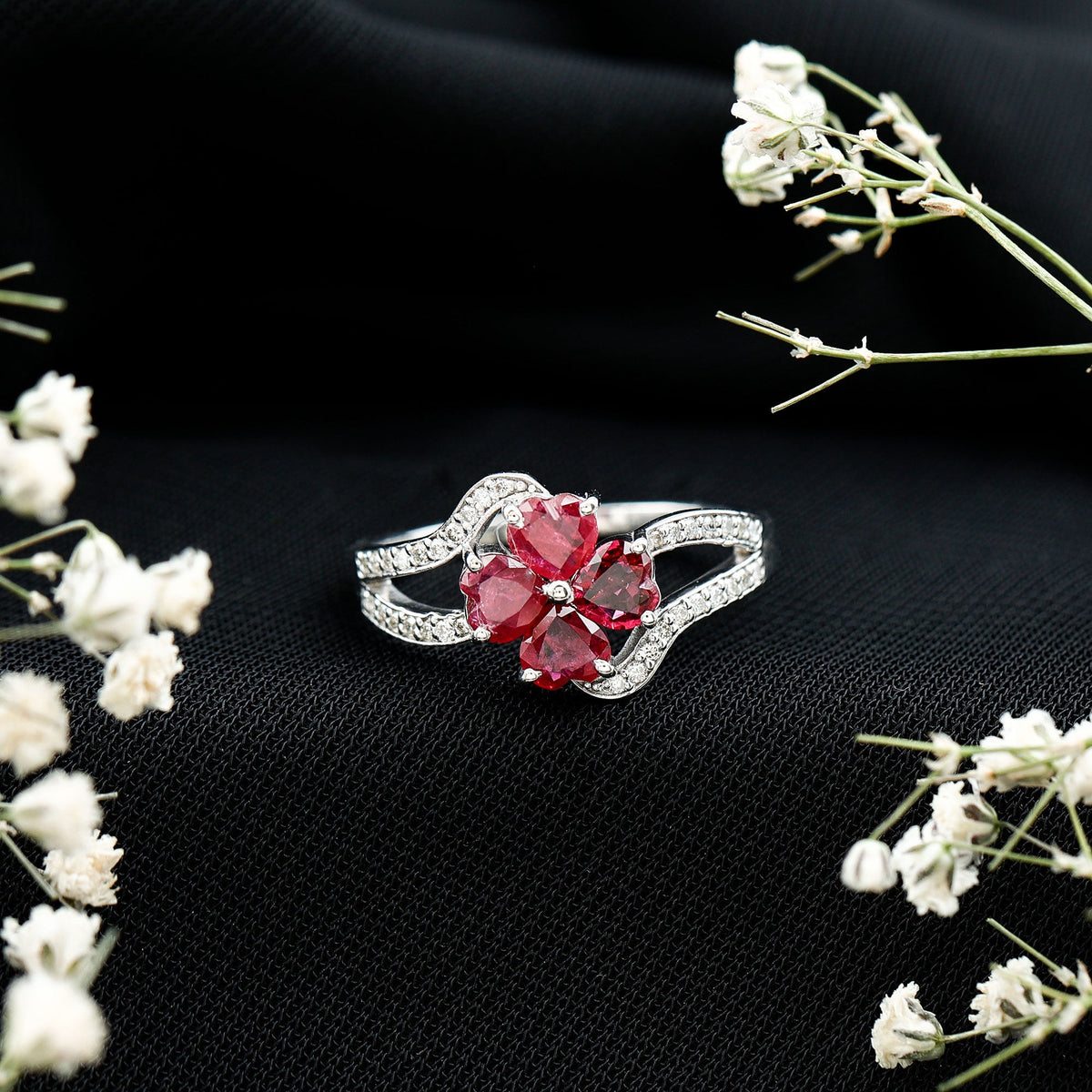 Ruby Flower Heart & Diamond Split Shank Ring