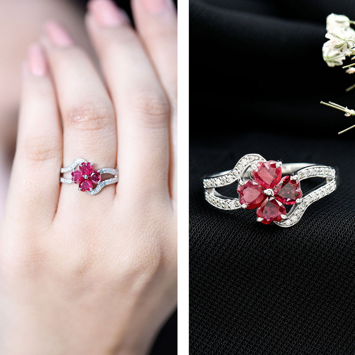 Ruby Flower Heart & Diamond Split Shank Ring
