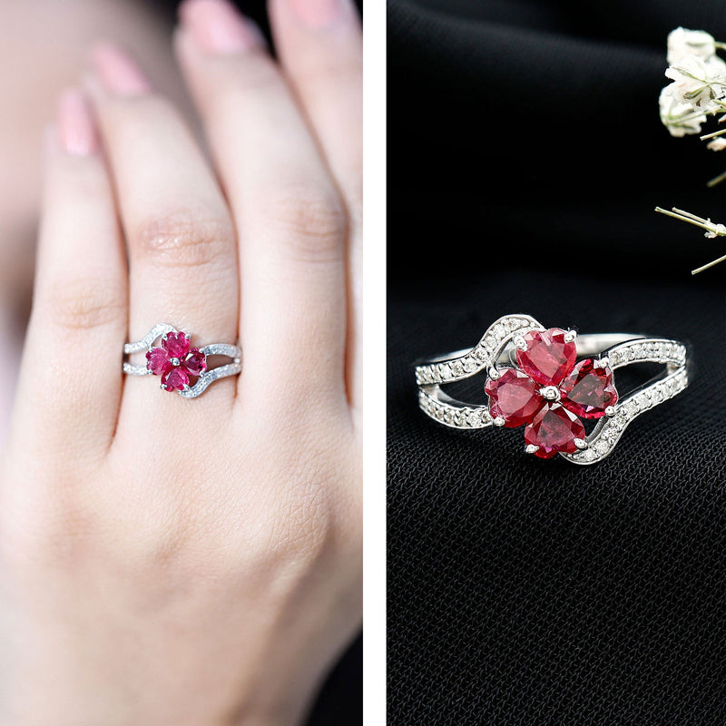 Ruby Flower Heart & Diamond Split Shank Ring