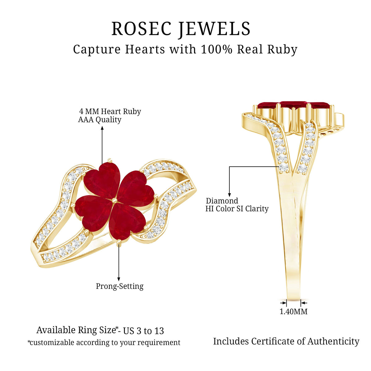 Ruby Flower Heart & Diamond Split Shank Ring