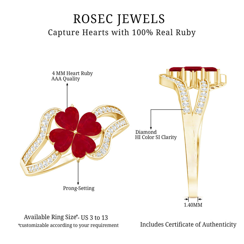 Ruby Flower Heart & Diamond Split Shank Ring