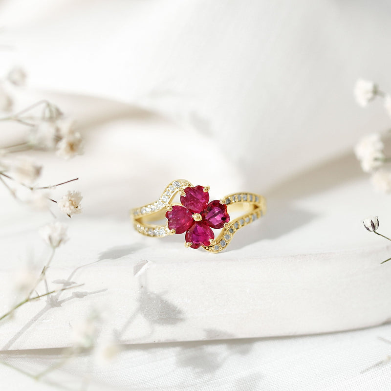 Ruby Flower Heart & Diamond Split Shank Ring