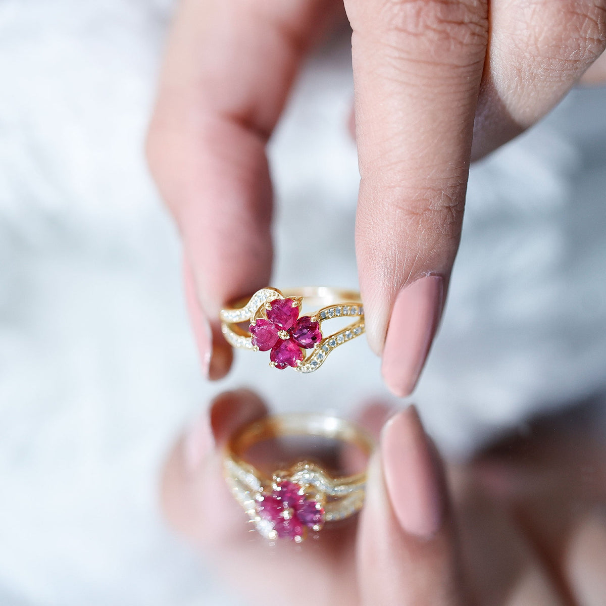 Ruby Flower Heart & Diamond Split Shank Ring