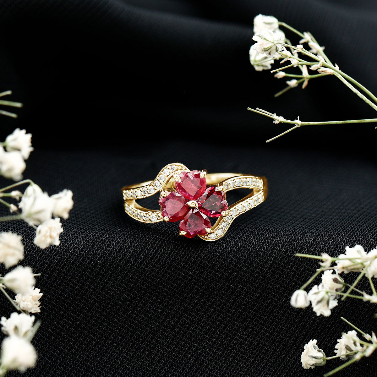 Ruby Flower Heart & Diamond Split Shank Ring