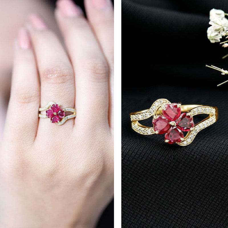 Ruby Flower Heart & Diamond Split Shank Ring