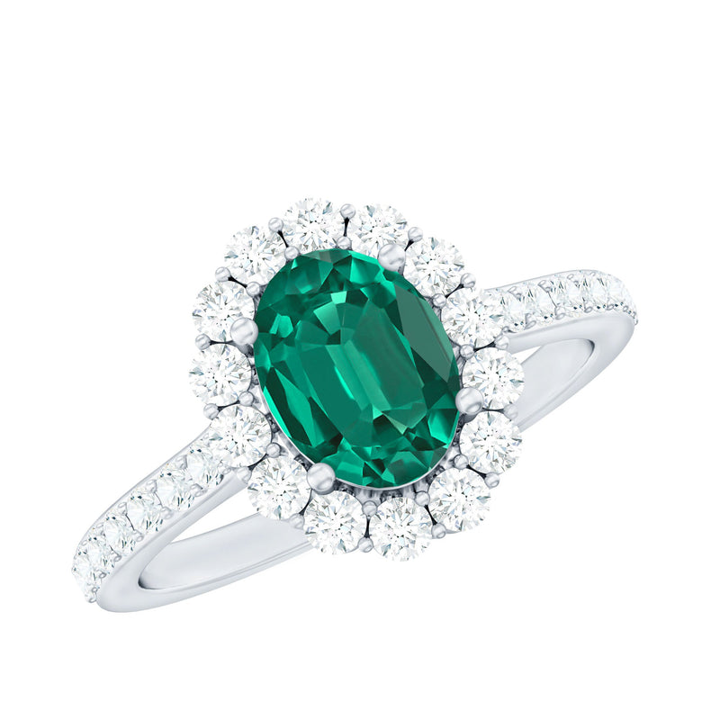Oval Lab-Created Emerald & Moissanite Halo Engagement Ring