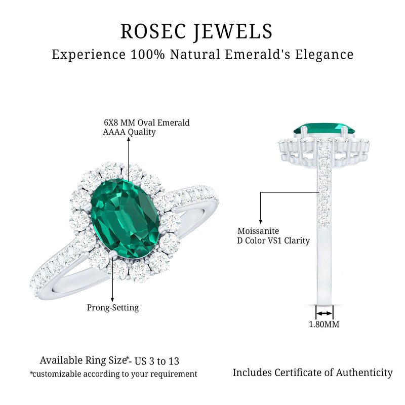 Oval Lab-Created Emerald & Moissanite Halo Engagement Ring