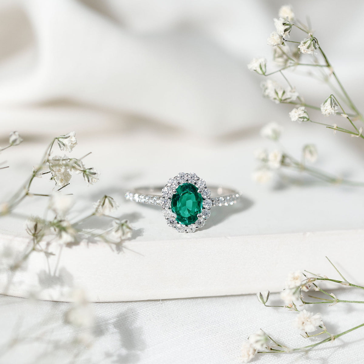 Oval Lab-Created Emerald & Moissanite Halo Engagement Ring