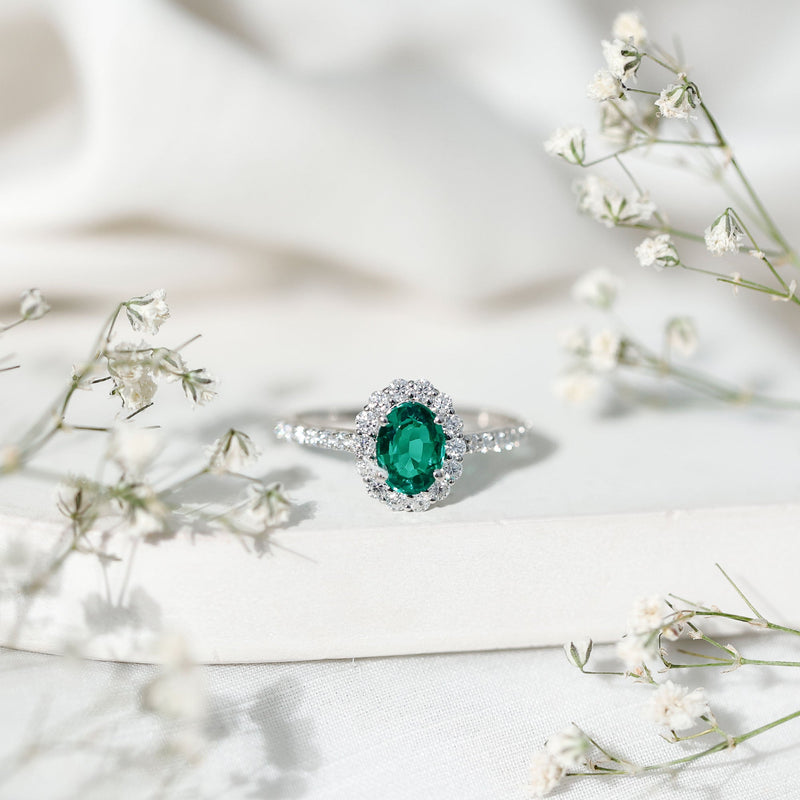 Oval Lab-Created Emerald & Moissanite Halo Engagement Ring