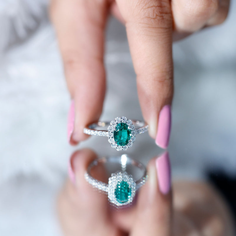 Oval Lab-Created Emerald & Moissanite Halo Engagement Ring