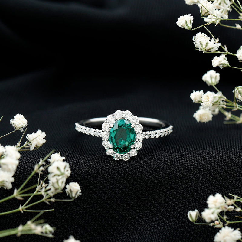 Oval Lab-Created Emerald & Moissanite Halo Engagement Ring