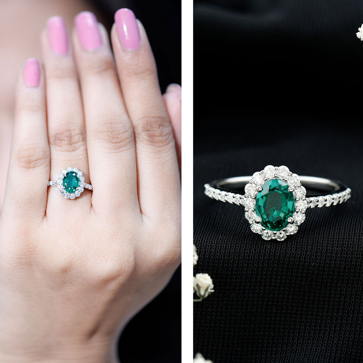 Oval Lab-Created Emerald & Moissanite Halo Engagement Ring