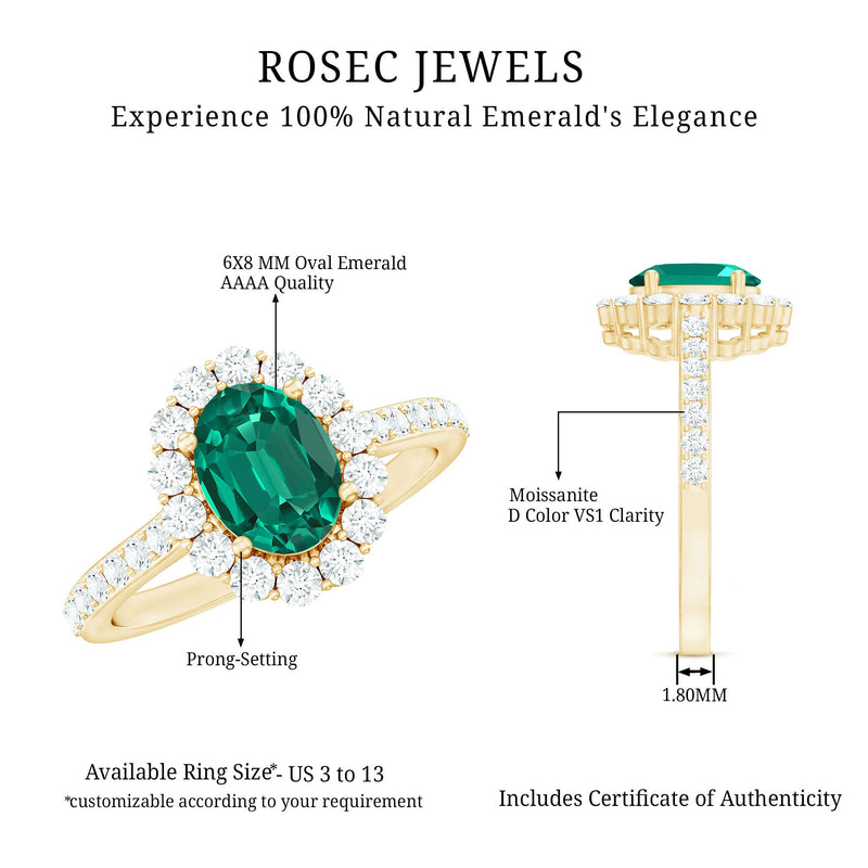 Oval Lab-Created Emerald & Moissanite Halo Engagement Ring