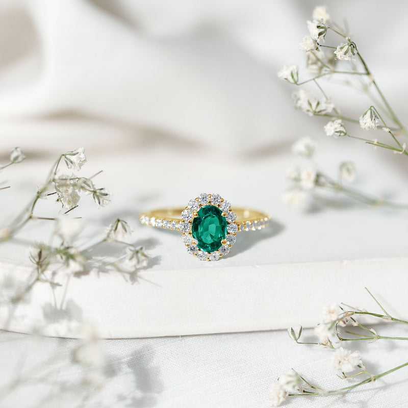 Oval Lab-Created Emerald & Moissanite Halo Engagement Ring