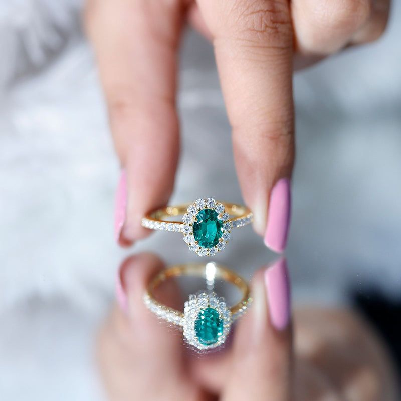 Oval Lab-Created Emerald & Moissanite Halo Engagement Ring
