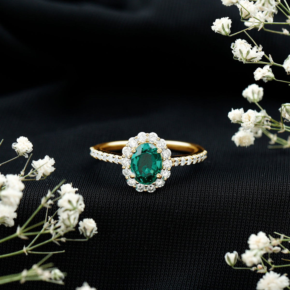 Oval Lab-Created Emerald & Moissanite Halo Engagement Ring