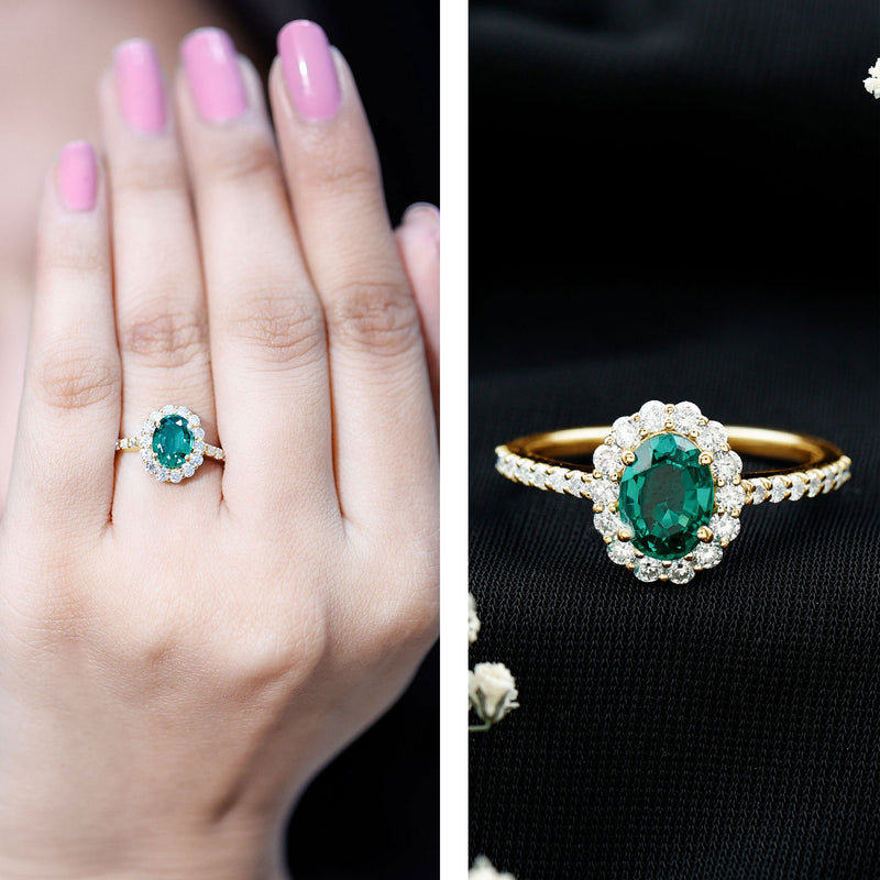 Oval Lab-Created Emerald & Moissanite Halo Engagement Ring