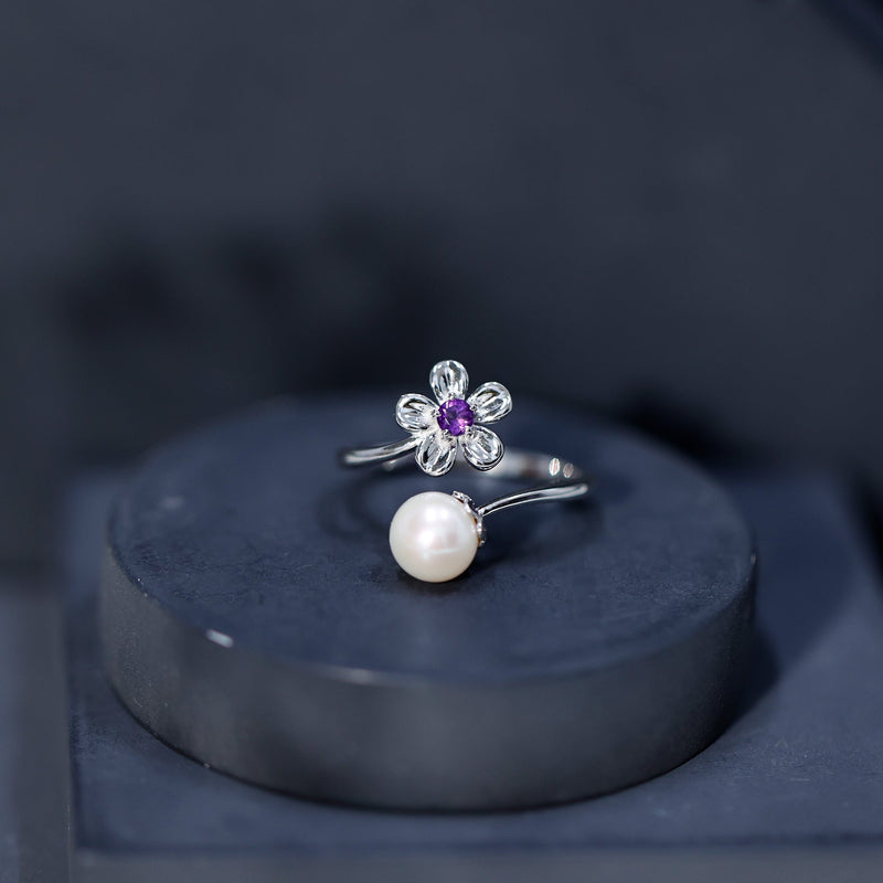 Cultured 3 Carat Freshwater Pearl Flower Ring with Amethyst
