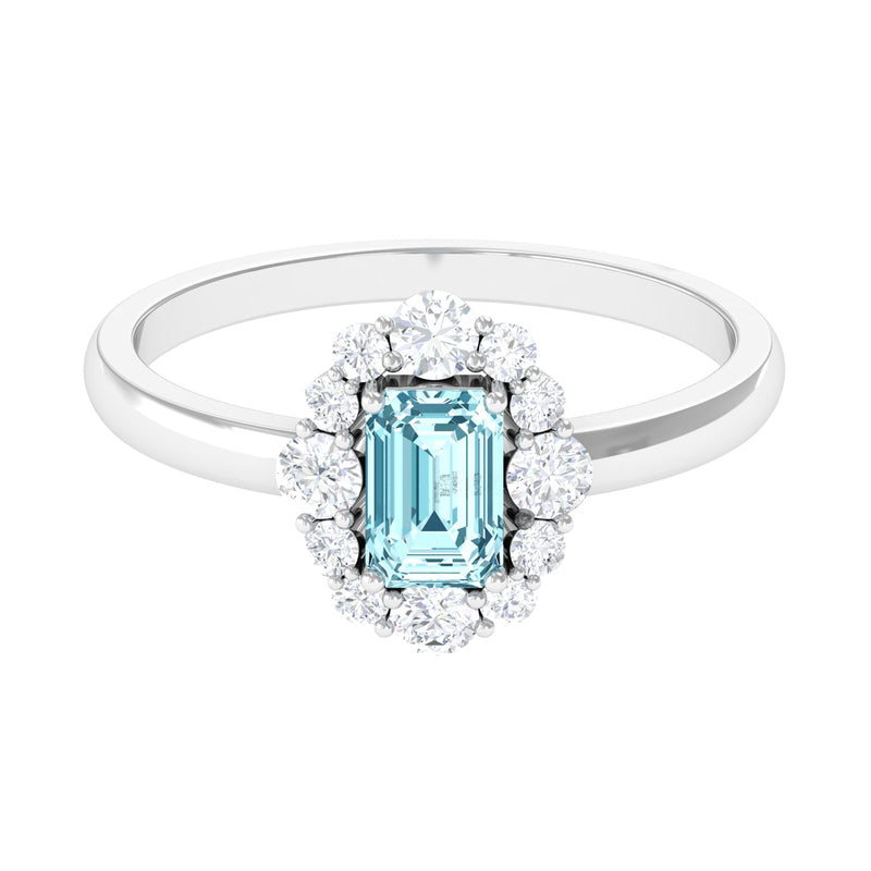 Emerald-Cut Aquamarine & Diamond Halo Engagement Ring