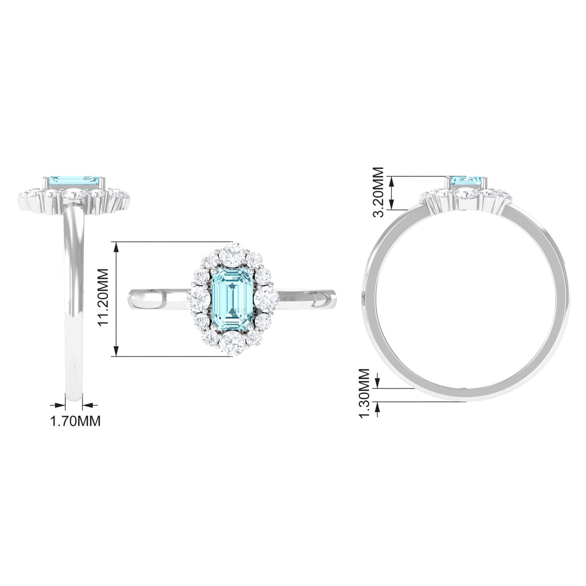 Emerald-Cut Aquamarine & Diamond Halo Engagement Ring