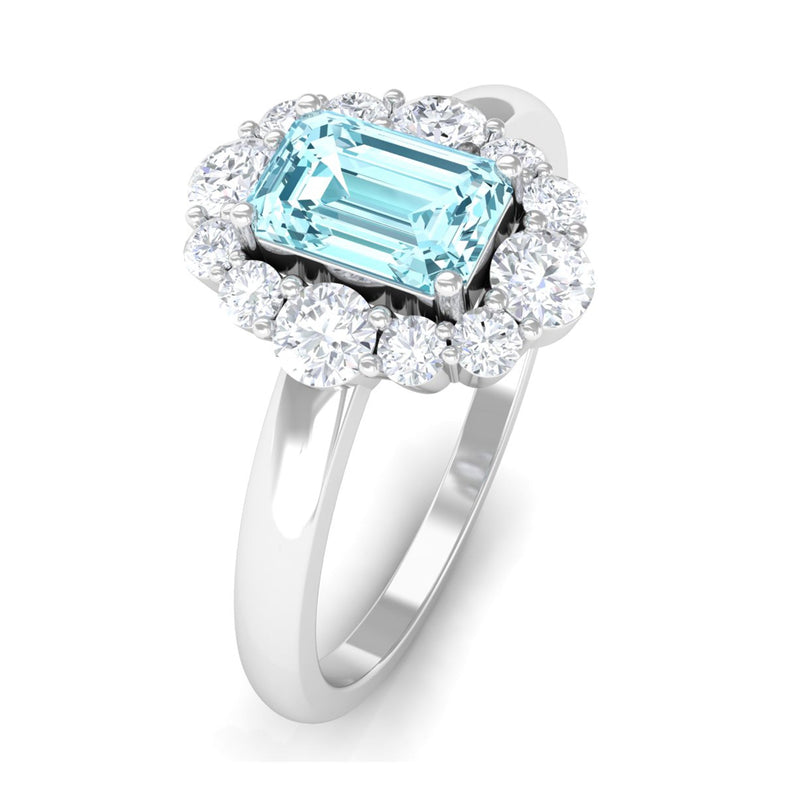 Emerald-Cut Aquamarine & Diamond Halo Engagement Ring