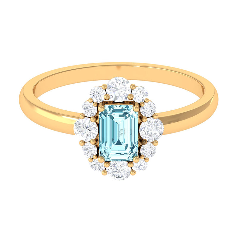 Emerald-Cut Aquamarine & Diamond Halo Engagement Ring