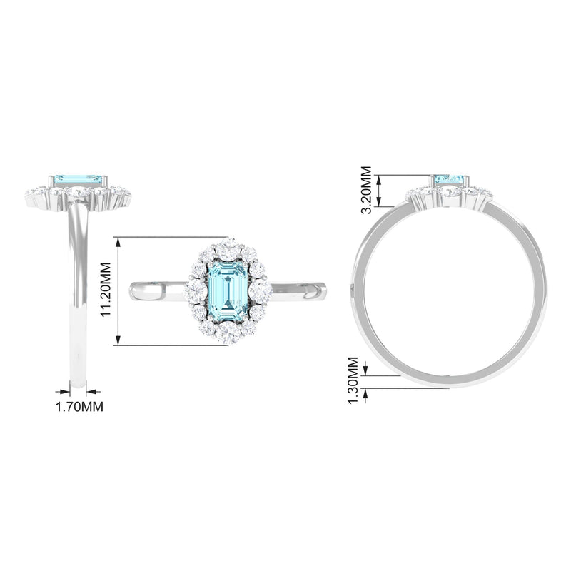 Emerald-Cut Aquamarine & Diamond Halo Engagement Ring
