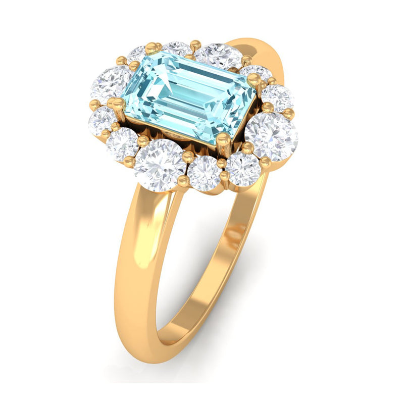 Emerald-Cut Aquamarine & Diamond Halo Engagement Ring