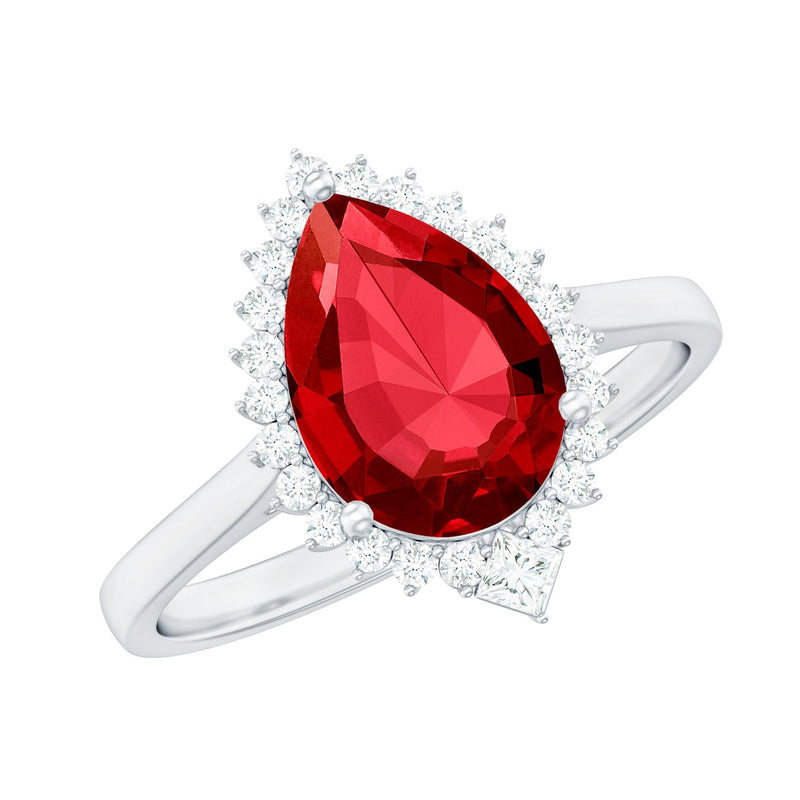 Lab-Created Ruby Teardrop & Diamond Halo Ring