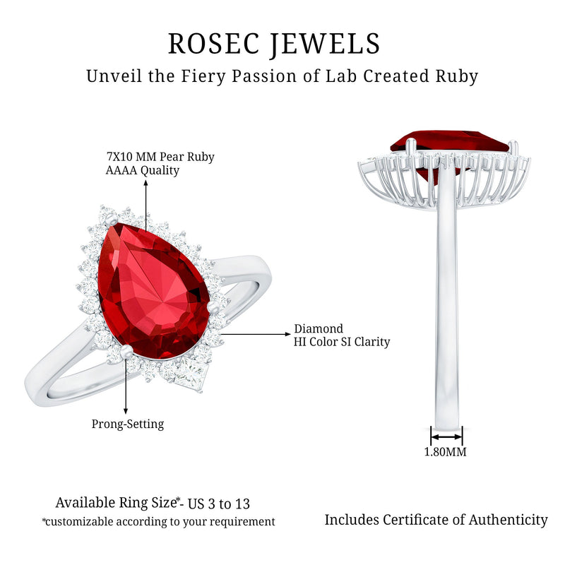 Lab-Created Ruby Teardrop & Diamond Halo Ring