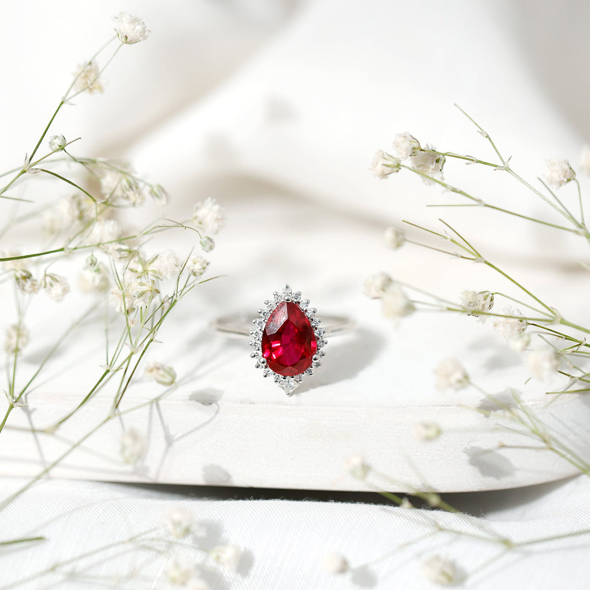 Lab-Created Ruby Teardrop & Diamond Halo Ring