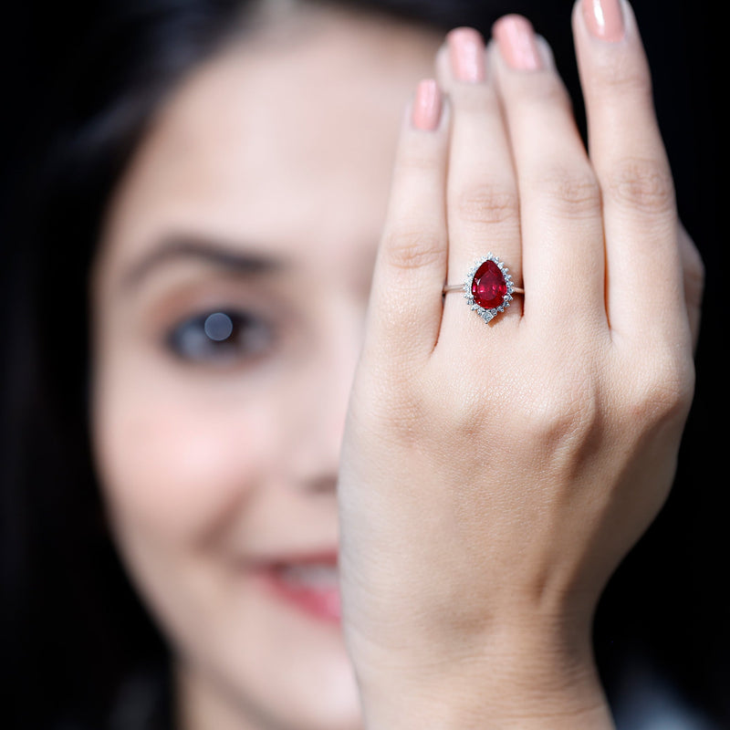 Lab-Created Ruby Teardrop & Diamond Halo Ring